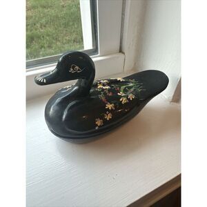 Vintage Black Lacquered Wooden Duck Trinket Box Hand Painted